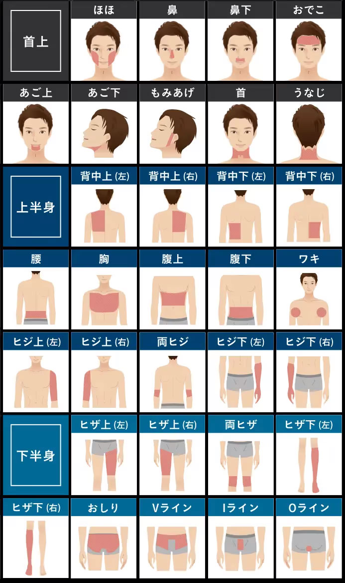 エミナルクリニックメンズのセレクト全身脱毛の対象部位一覧