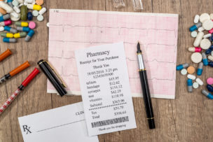 pharmacy receipt with egc, pills and syringe on desk.