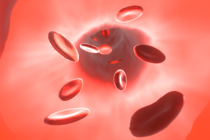 Science 3d rendering illustration. Human red blood cells carrying oxygen for cells. Biotechnology contaminated blood ,scientific medical , microbiology concept