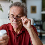 Senior man taking prescription medicine at home