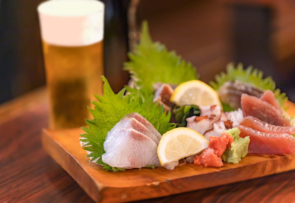 Sashimi platter and beer